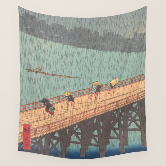 Vintage Japanese Woodblock Print Art - Sudden Shower Over Shin Ohashi Bridge And Atake By Utagawa Hiroshige, 1850's. Wall Tapestry Gallery Image 1