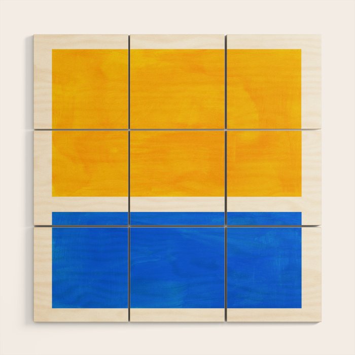 Primary Yellow Cerulean Blue Mid Century Modern Abstract Minimalist Rothko Color Field Squares Wood Wall Art Gallery Image 1