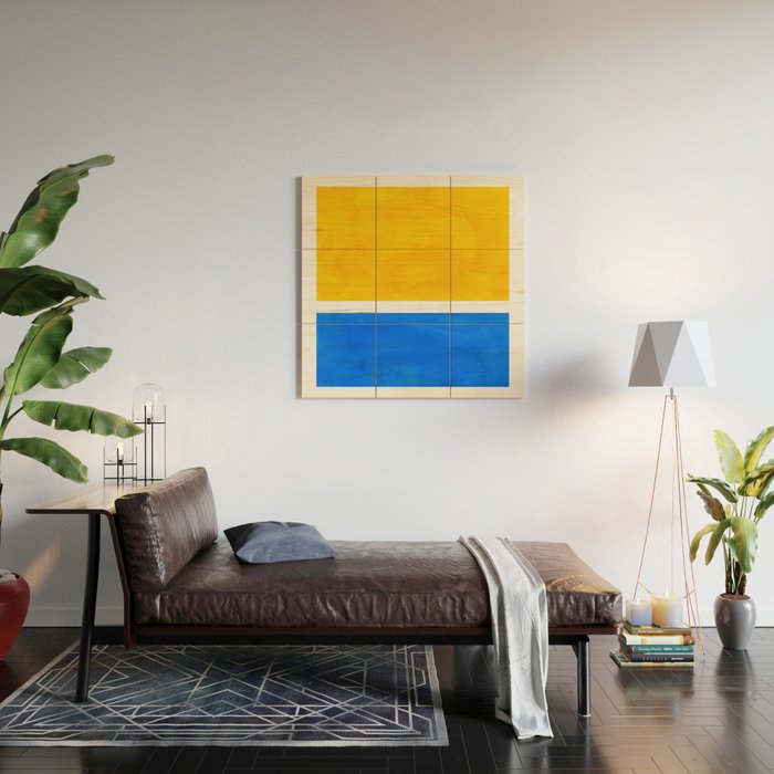 Primary Yellow Cerulean Blue Mid Century Modern Abstract Minimalist Rothko Color Field Squares Wood Wall Art Gallery Image 2