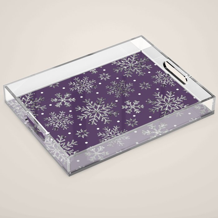 Vintage Christmas Silver snowflakes plum purple Acrylic Tray Gallery Image 1