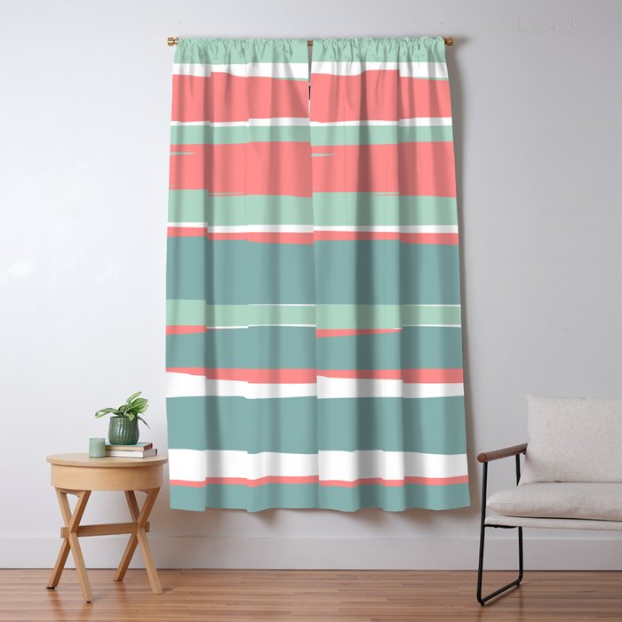 Festive, Abstract, Colorful Stripes, Coral and Teal Green Window Curtain Gallery Image 5
