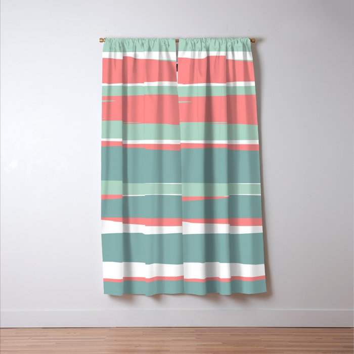 Festive, Abstract, Colorful Stripes, Coral and Teal Green Window Curtain Gallery Image 3