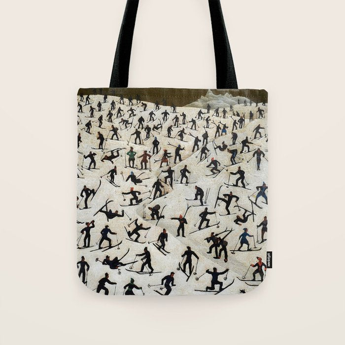 Skiers underway, humorous ski slope winter downhill landscape painting by Franz Sedlacek Tote Bag Gallery Image 1