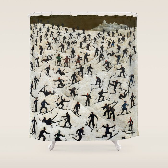 Skiers underway, humorous ski slope winter downhill landscape painting by Franz Sedlacek Shower Curtain Gallery Image 1