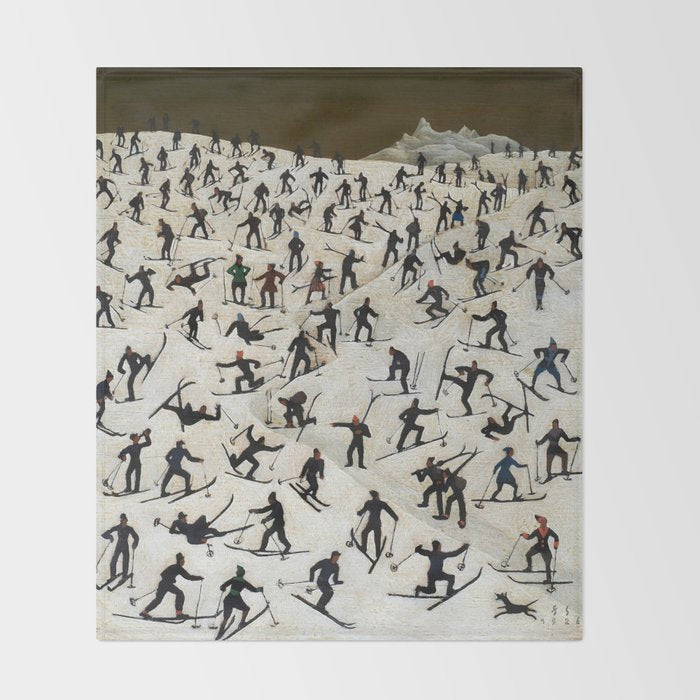Skiers underway, humorous ski slope winter downhill landscape painting by Franz Sedlacek Throw Blanket Gallery Image 2