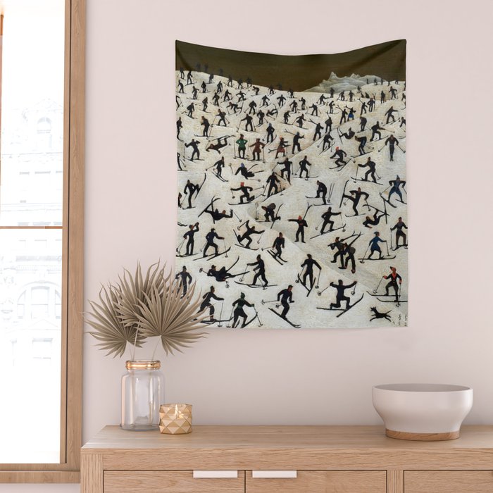 Skiers underway, humorous ski slope winter downhill landscape painting by Franz Sedlacek Wall Tapestry Gallery Image 2