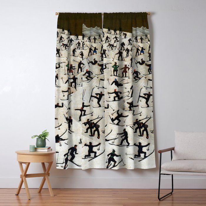 Skiers underway, humorous ski slope winter downhill landscape painting by Franz Sedlacek Window Curtain Gallery Image 5