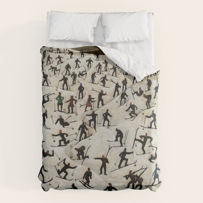 Skiers underway, humorous ski slope winter downhill landscape painting by Franz Sedlacek Duvet Cover Gallery Image 1