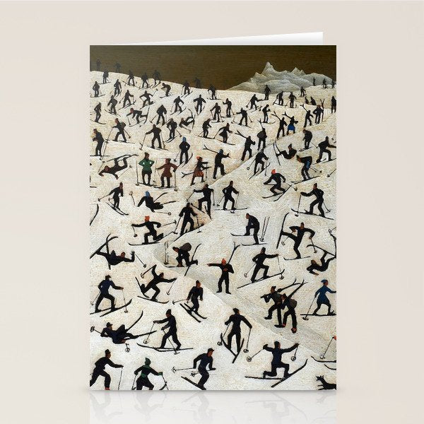 Skiers underway, humorous ski slope winter downhill landscape painting by Franz Sedlacek Stationery Card Gallery Image 2