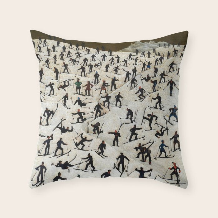 Skiers underway, humorous ski slope winter downhill landscape painting by Franz Sedlacek Throw Pillow Gallery Image 6