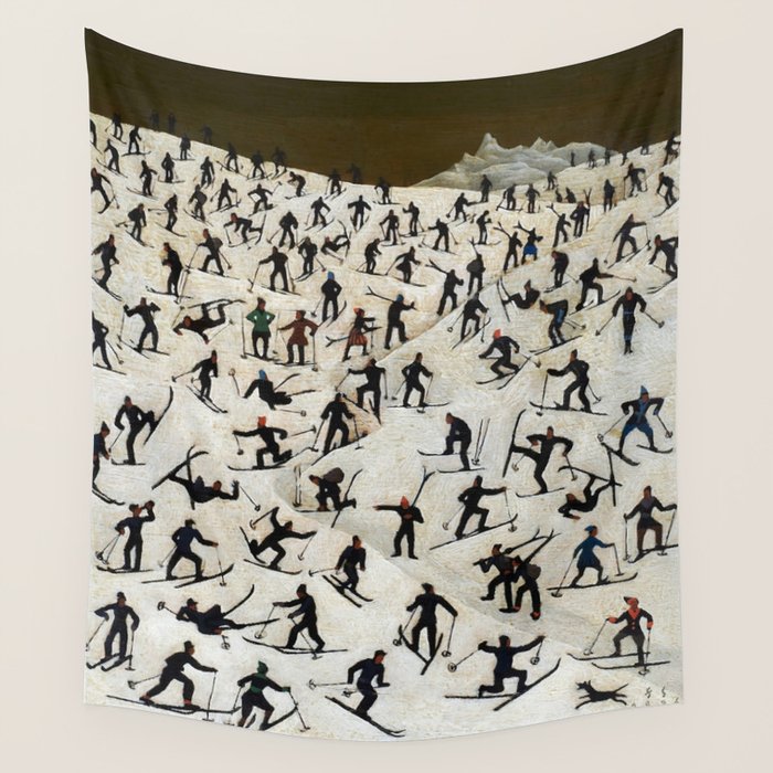 Skiers underway, humorous ski slope winter downhill landscape painting by Franz Sedlacek Wall Tapestry Gallery Image 1