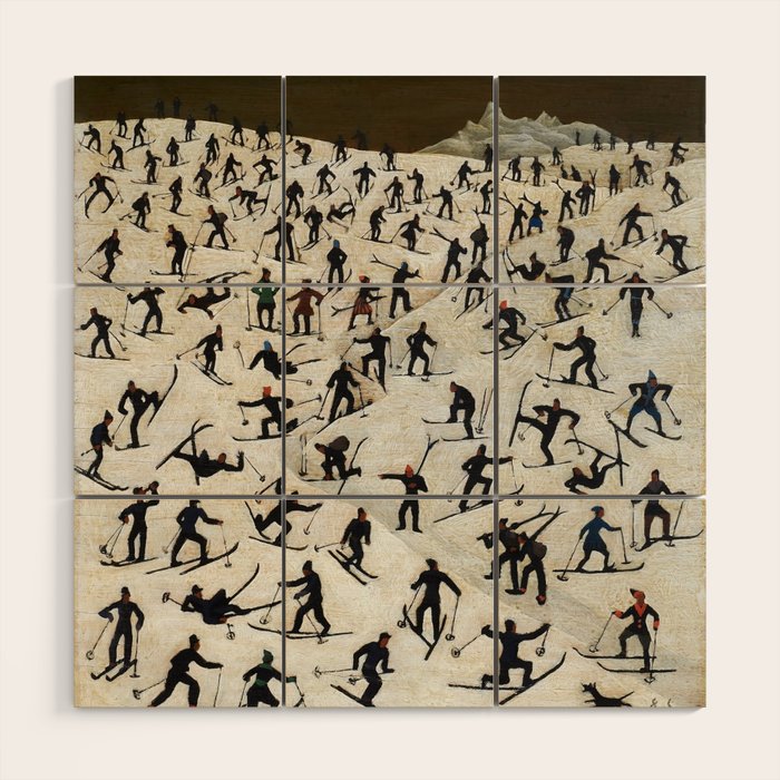 Skiers underway, humorous ski slope winter downhill landscape painting by Franz Sedlacek Wood Wall Art Gallery Image 1