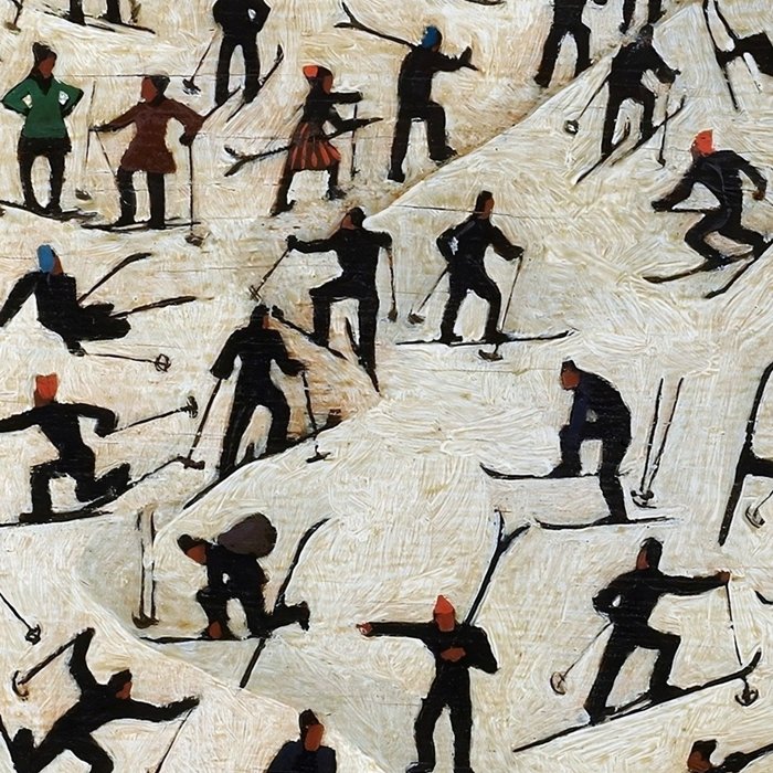 Skiers underway, humorous ski slope winter downhill landscape painting by Franz Sedlacek Coffee Mug Gallery Image 2