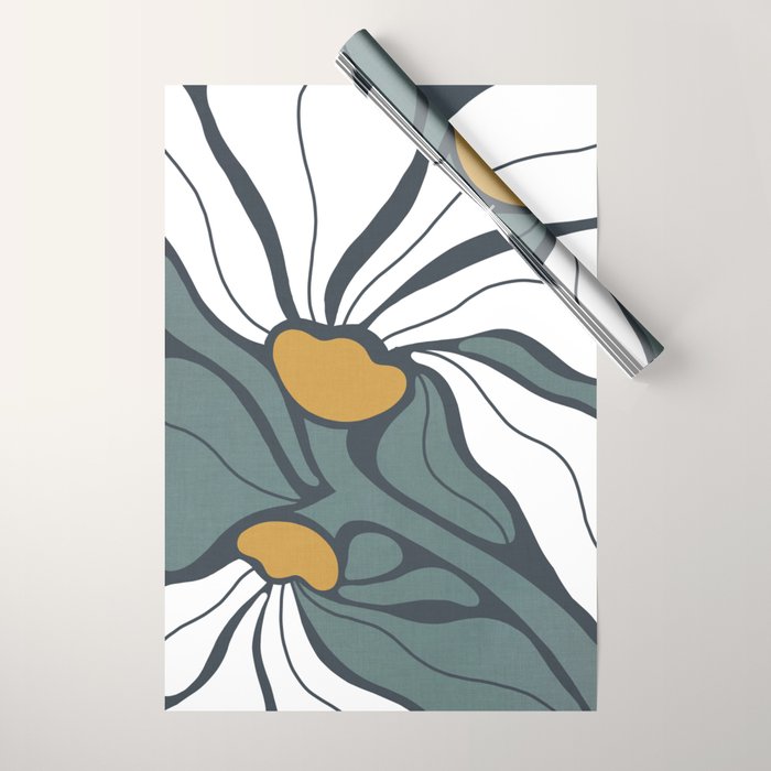 Bold Boho Art Nouveau Floral 3.2 ochre, teal blue, white Wrapping Paper Gallery Image 1