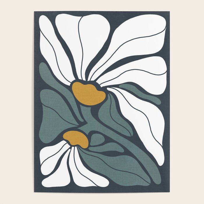 Bold Boho Art Nouveau Floral 3.2 ochre, teal blue, white Poster Gallery Image 4