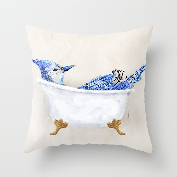 Blue Jay Bird Bath Clawfoot Tub Throw Pillow Gallery Image 1