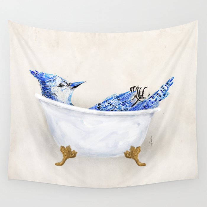 Blue Jay Bird Bath Clawfoot Tub Wall Tapestry Gallery Image 4