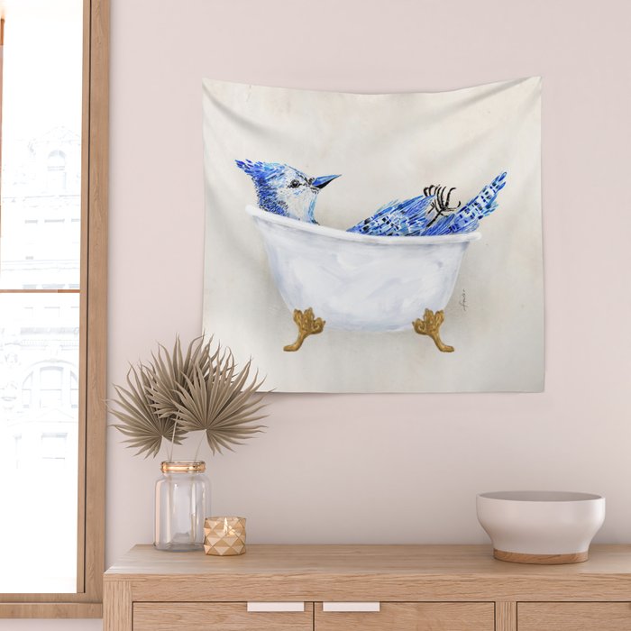 Blue Jay Bird Bath Clawfoot Tub Wall Tapestry Gallery Image 2