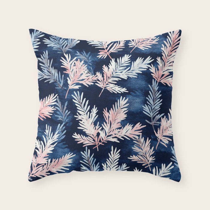 Blue Pink Watercolor Leaves Winter Christmas Illustration Throw Pillow Gallery Image 6
