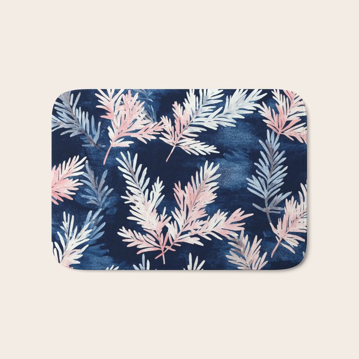 Blue Pink Watercolor Leaves Winter Christmas Illustration Bath Mat Gallery Image 1