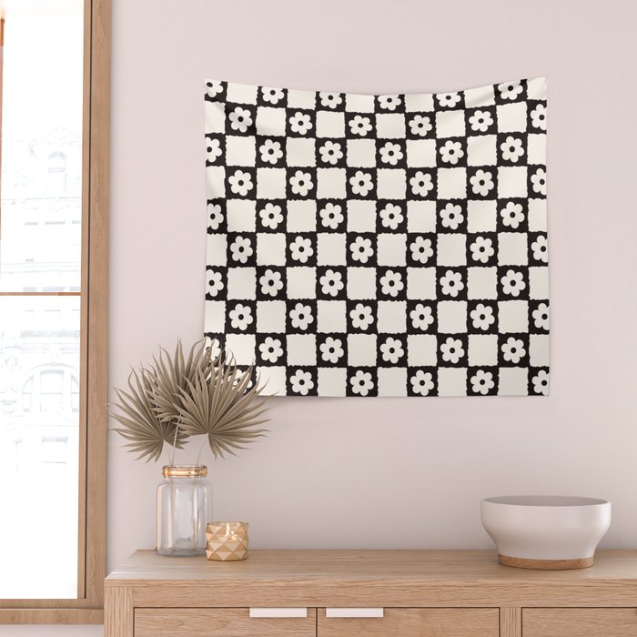 Retro Flower Checker in Black&White Wall Tapestry Gallery Image 2