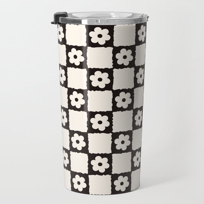 Retro Flower Checker in Black&White Travel Mug Gallery Image 3