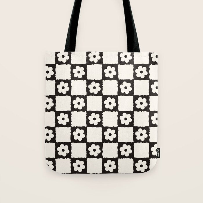 Retro Flower Checker in Black&White Tote Bag Gallery Image 1