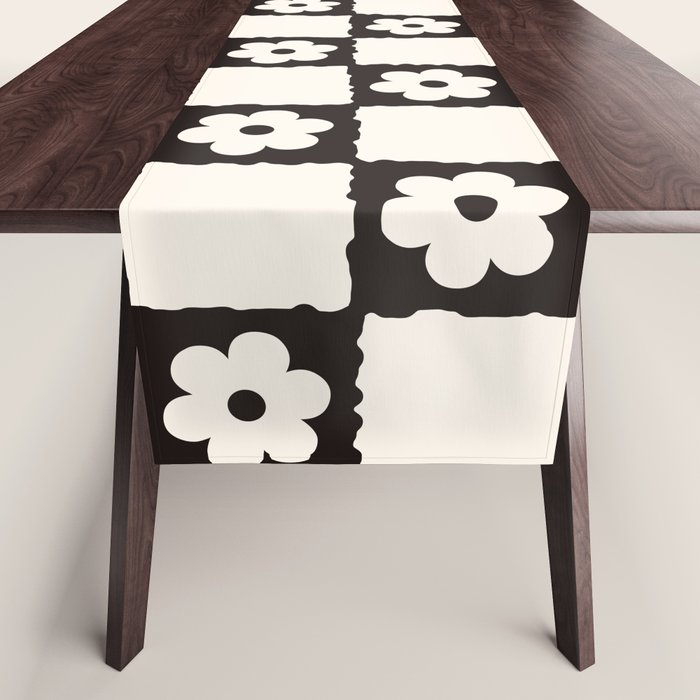 Retro Flower Checker in Black&White Table Runner Gallery Image 1