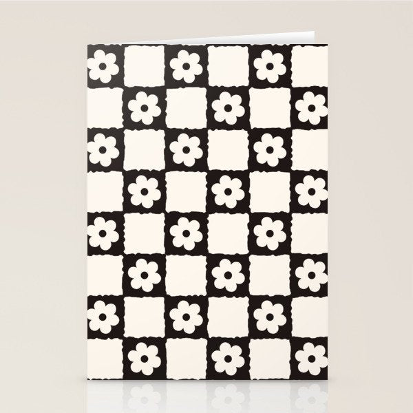 Retro Flower Checker in Black&White Stationery Card Gallery Image 2