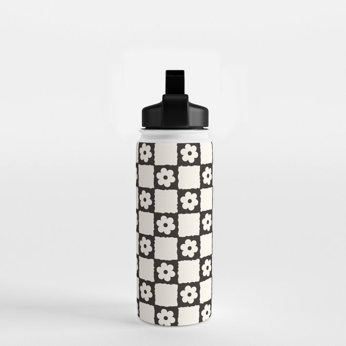 Retro Flower Checker in Black&White Water Bottle Gallery Image 2
