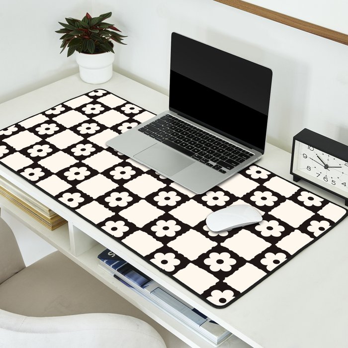 Retro Flower Checker in Black&White Desk Mat Gallery Image 2