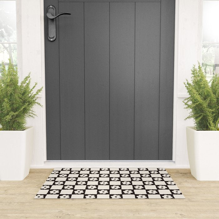 Retro Flower Checker in Black&White Welcome Mat Gallery Image 3