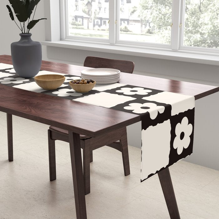 Retro Flower Checker in Black&White Table Runner Gallery Image 2