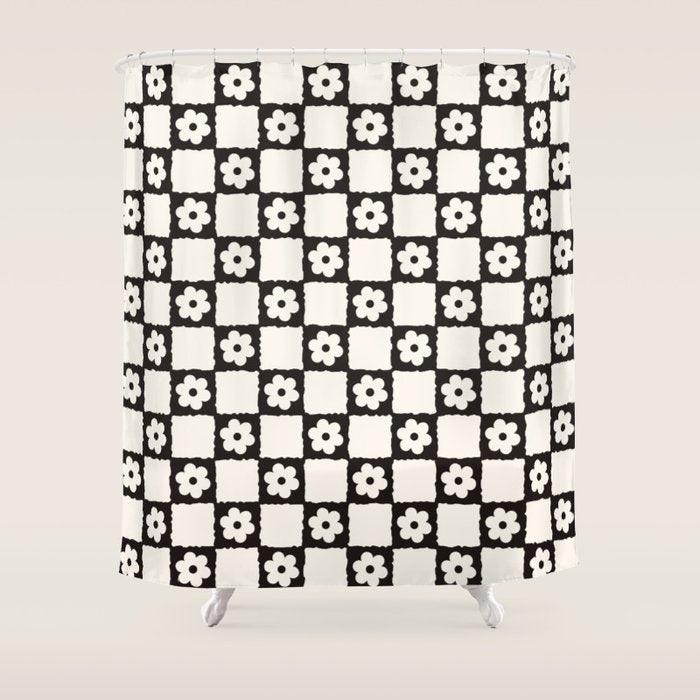 Retro Flower Checker in Black&White Shower Curtain Gallery Image 1