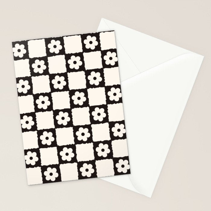 Retro Flower Checker in Black&White Stationery Card Gallery Image 2