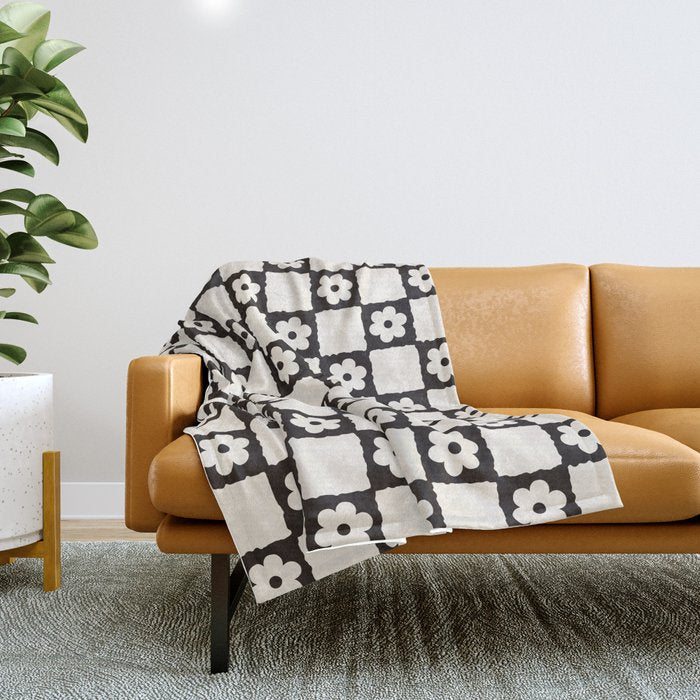 Retro Flower Checker in Black&White Throw Blanket Gallery Image 1