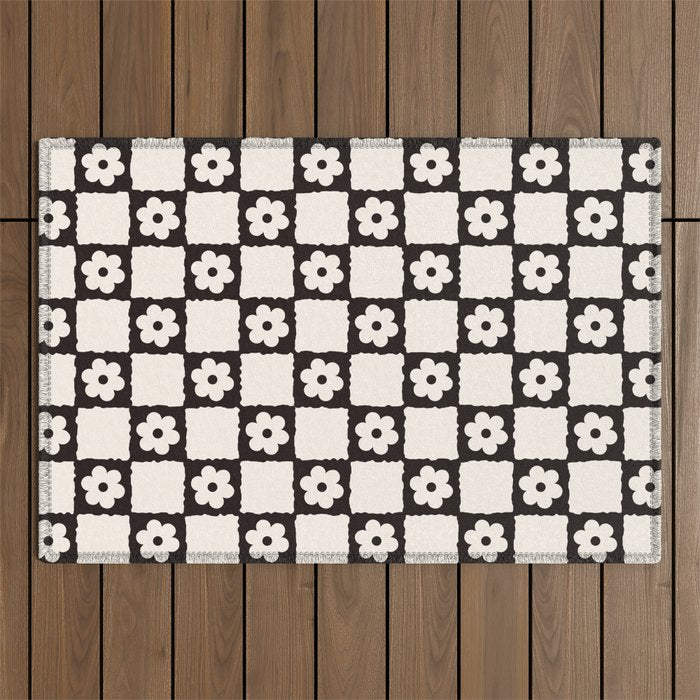 Retro Flower Checker in Black&White Outdoor Rug Gallery Image 1