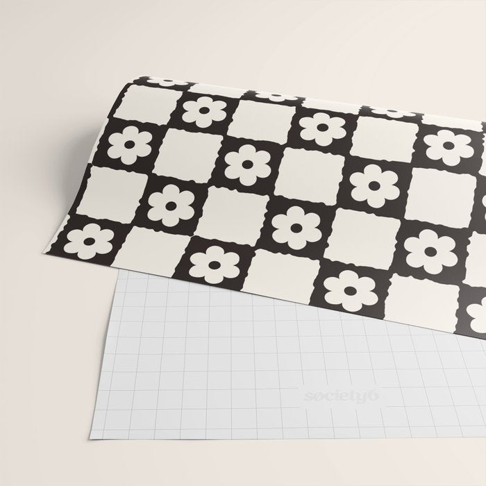 Retro Flower Checker in Black&White Wrapping Paper Gallery Image 2