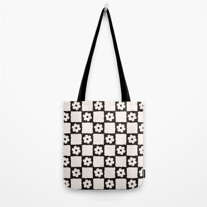 Retro Flower Checker in Black&White Tote Bag Gallery Image 2