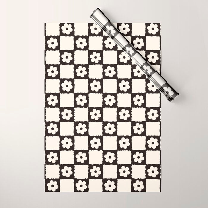 Retro Flower Checker in Black&White Wrapping Paper Gallery Image 1