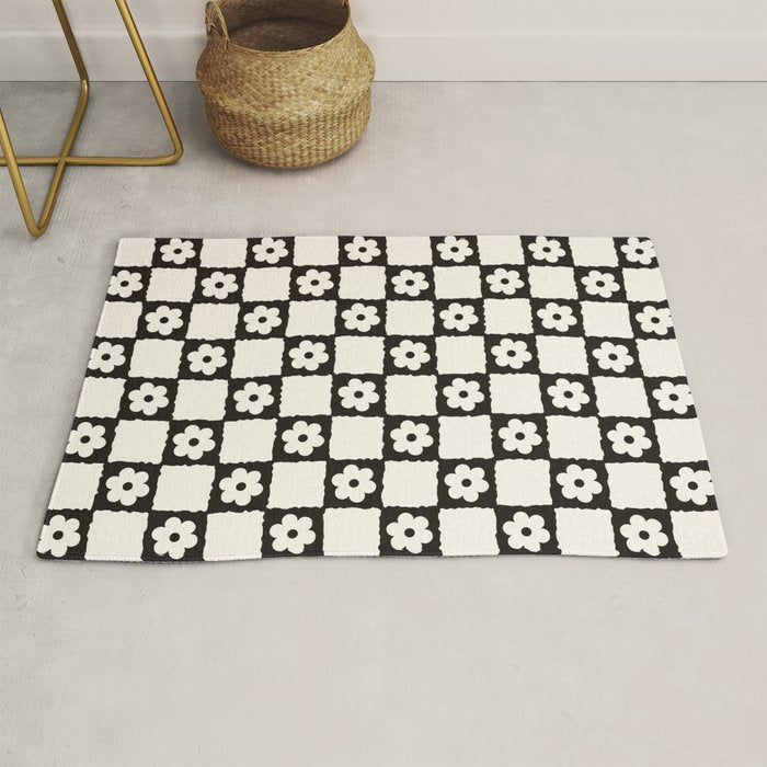 Retro Flower Checker in Black&White Rug Gallery Image 1