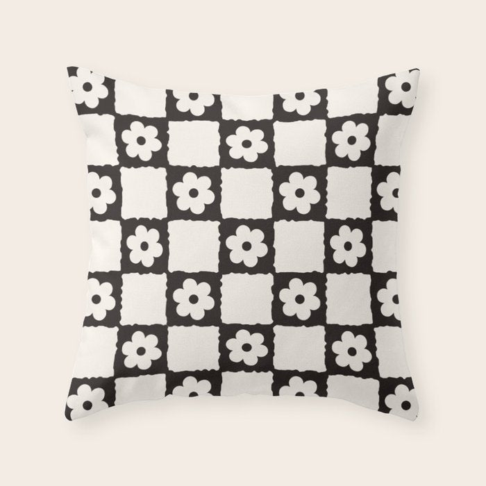 Retro Flower Checker in Black&White Throw Pillow Gallery Image 6