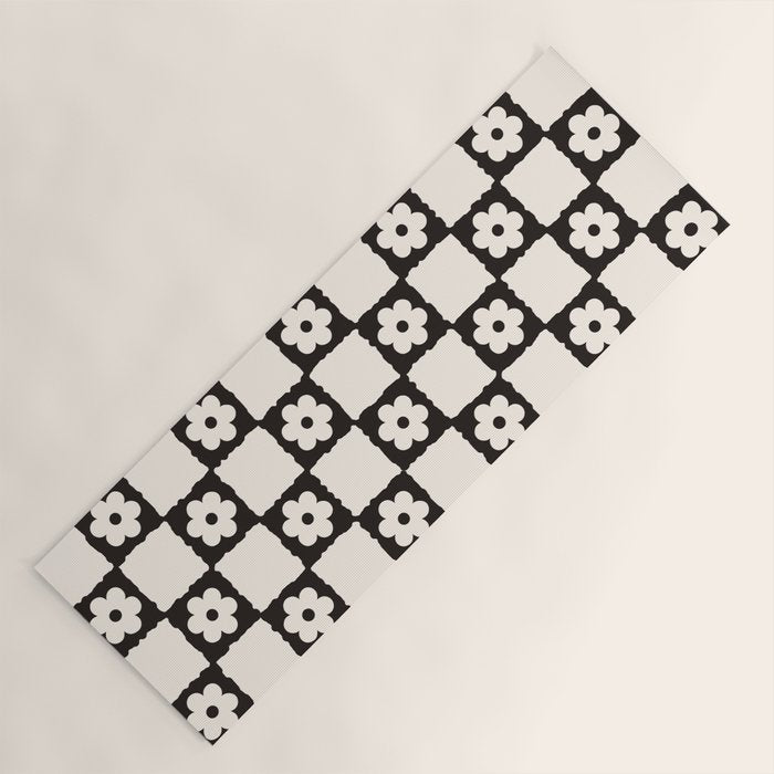 Retro Flower Checker in Black&White Yoga Mat Gallery Image 1
