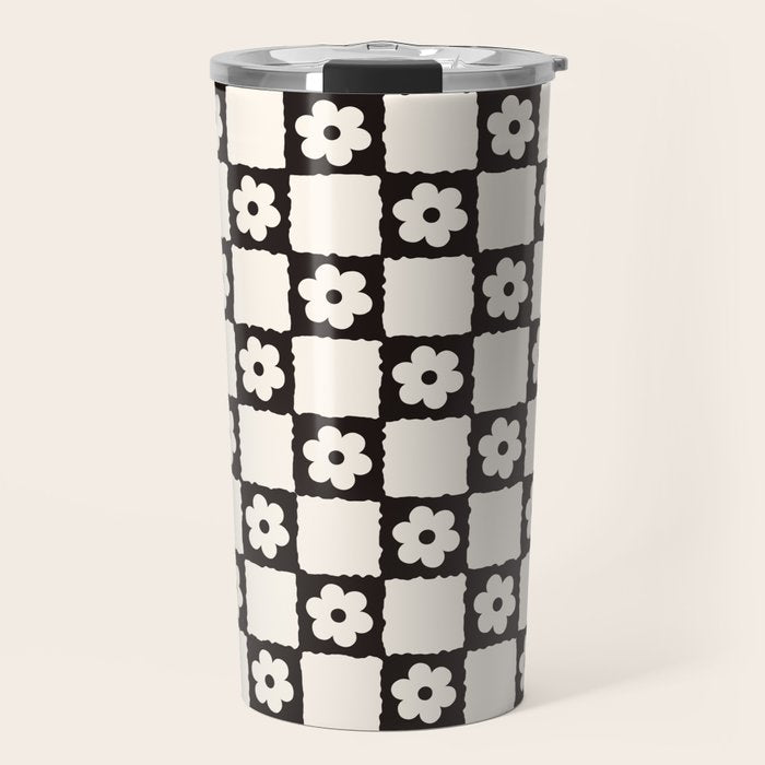 Retro Flower Checker in Black&White Travel Mug Gallery Image 1