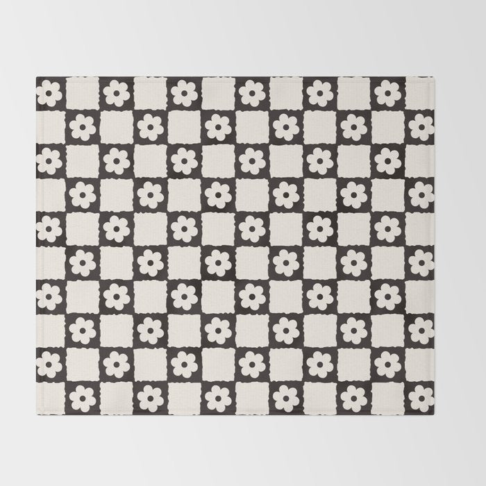 Retro Flower Checker in Black&White Throw Blanket Gallery Image 2