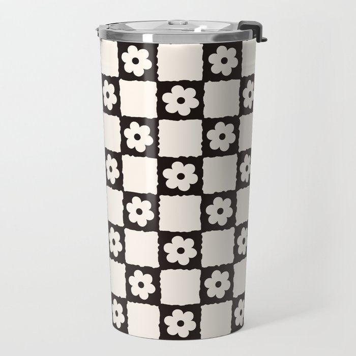 Retro Flower Checker in Black&White Travel Mug Gallery Image 2