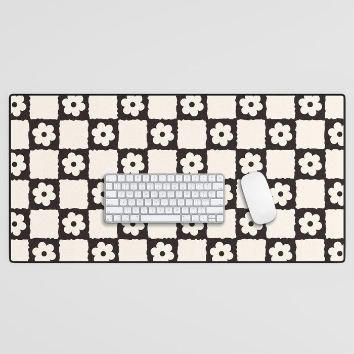 Retro Flower Checker in Black&White Desk Mat Gallery Image 1