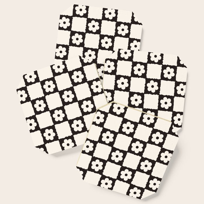 Retro Flower Checker in Black&White Coaster Gallery Image 1