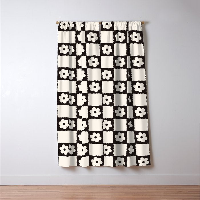 Retro Flower Checker in Black&White Window Curtain Gallery Image 3