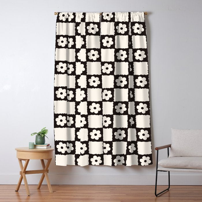 Retro Flower Checker in Black&White Window Curtain Gallery Image 5